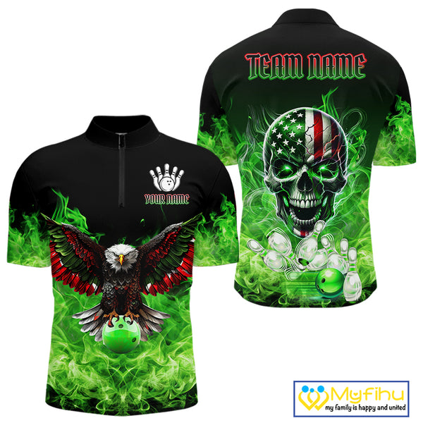 Green Flame Smoke American Flag Eagle Skull Mens Bowling Shirts Custom Patriotic Bowling Team Jersey NQS10278
