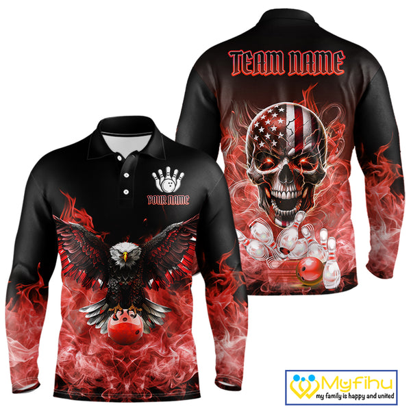Red Flame Smoke American Flag Eagle Skull Mens Bowling Shirts Custom Patriotic Bowling Team Jersey NQS10279
