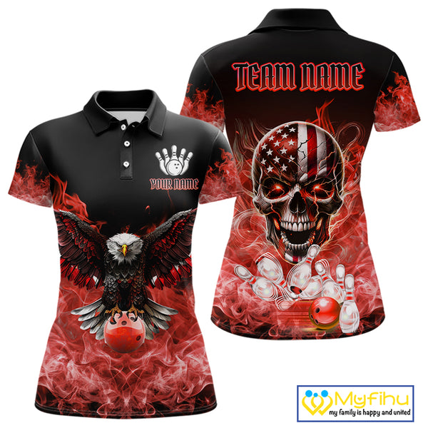 Red Flame Smoke American Flag Eagle Skull Women Bowling Shirts Custom Patriotic Bowling Team Jersey NQS10279
