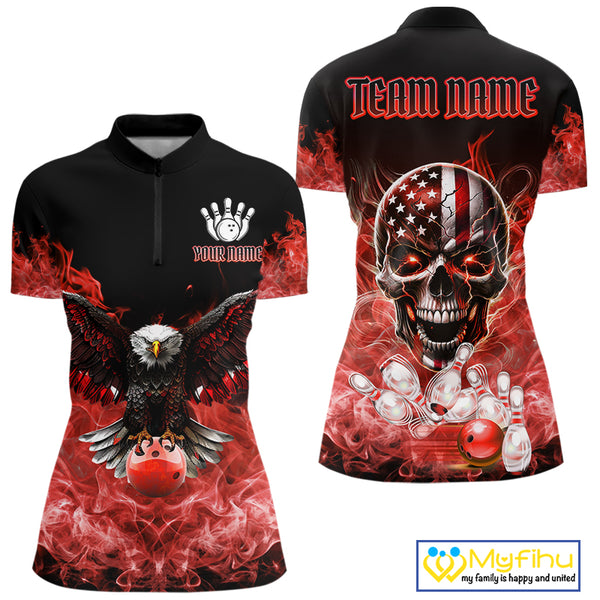 Red Flame Smoke American Flag Eagle Skull Women Bowling Shirts Custom Patriotic Bowling Team Jersey NQS10279