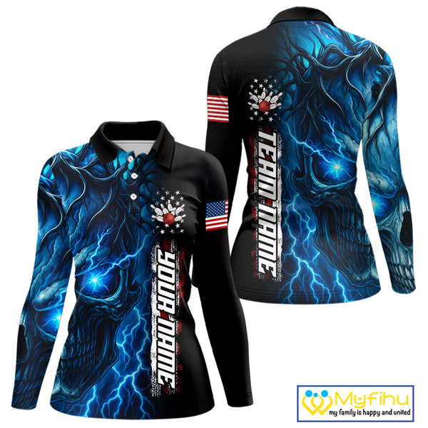 Custom Blue Lightning thunder Skull American Flag Patriotic Womens Bowling Shirts, Gift For Bowlers NQS10463