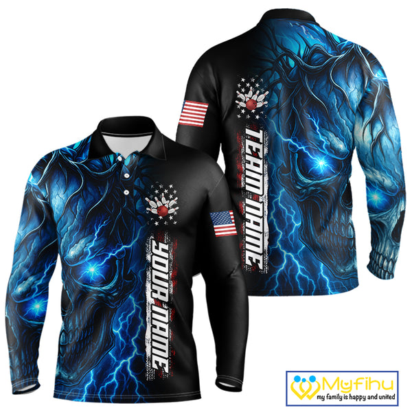 Custom Blue Lightning thunder Skull American Flag Patriotic Mens Bowling Shirts, Gift For Bowlers NQS10463