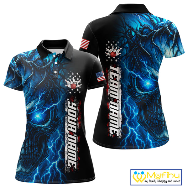 Custom Blue Lightning thunder Skull American Flag Patriotic Womens Bowling Shirts, Gift For Bowlers NQS10463