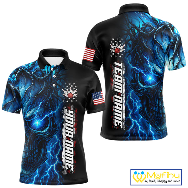 Custom Blue Lightning thunder Skull American Flag Patriotic Mens Bowling Shirts, Gift For Bowlers NQS10463
