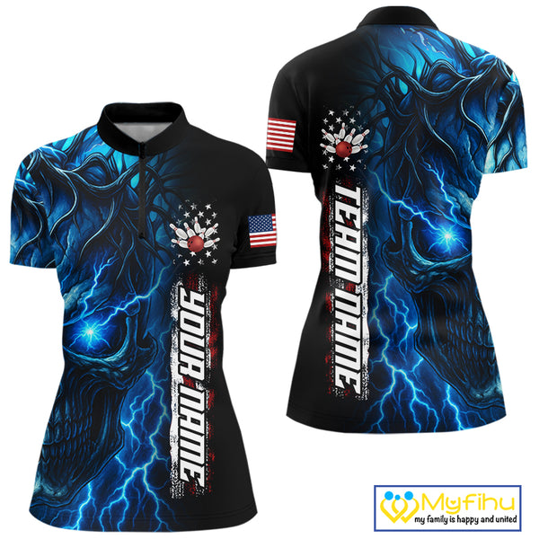 Custom Blue Lightning thunder Skull American Flag Patriotic Womens Bowling Shirts, Gift For Bowlers NQS10463