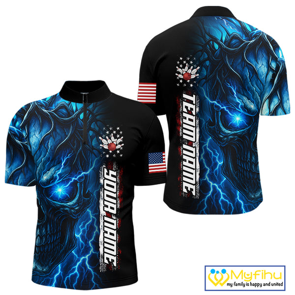 Custom Blue Lightning thunder Skull American Flag Patriotic Mens Bowling Shirts, Gift For Bowlers NQS10463