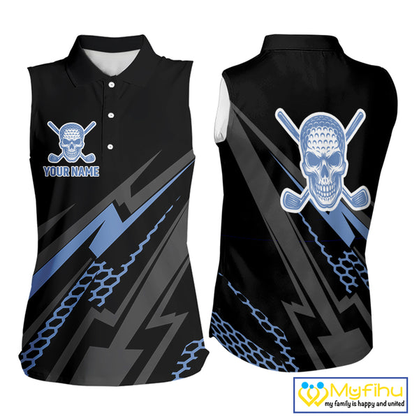 Black and Blue Skull Sleeveless Golf polo shirts Custom Ladies golf tops, Personalized golf gifts NQS10467
