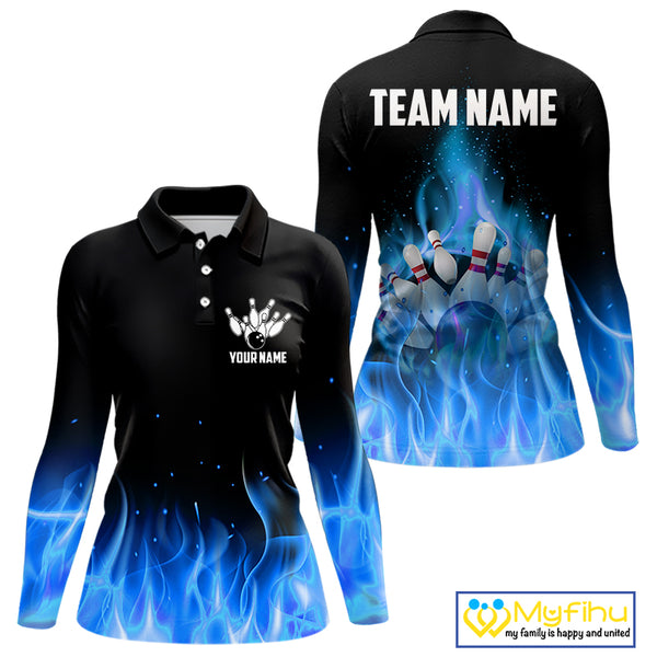 Personalized Women Bowling Shirt Blue flame Bowling Ball Pins Team bowling jerseys for ladies Bowler NQS10471