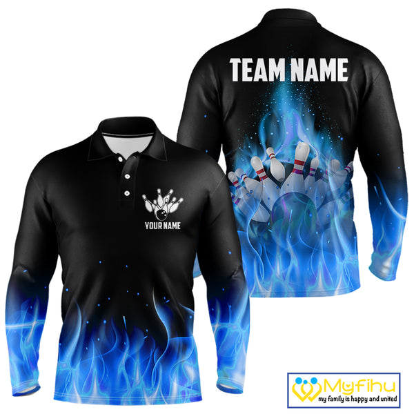 Personalized Mens Bowling Shirt Blue flame Bowling Ball and Pins Team bowling jerseys for men Bowler NQS10471