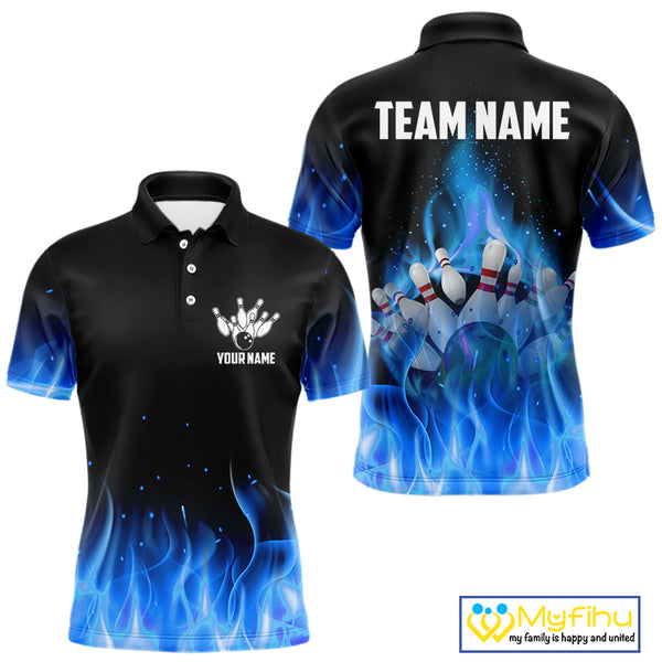 Personalized Mens Bowling Shirt Blue flame Bowling Ball and Pins Team bowling jerseys for men Bowler NQS10471