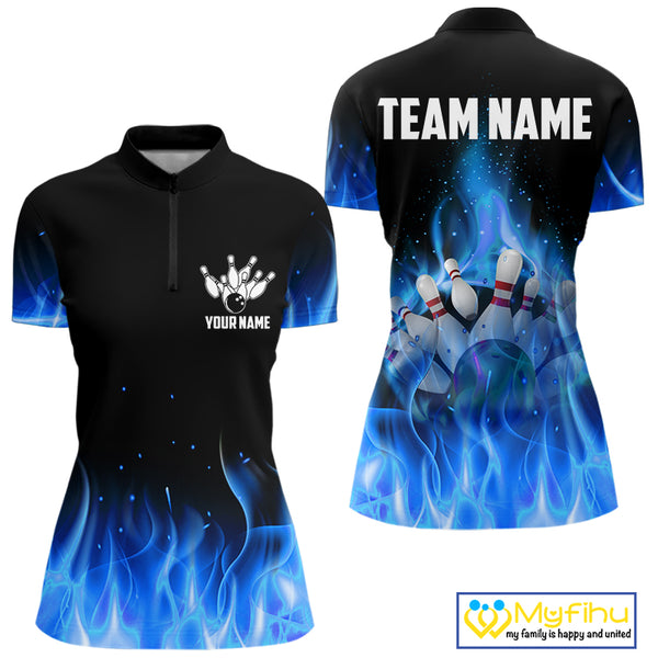 Personalized Women Bowling Shirt Blue flame Bowling Ball Pins Team bowling jerseys for ladies Bowler NQS10471
