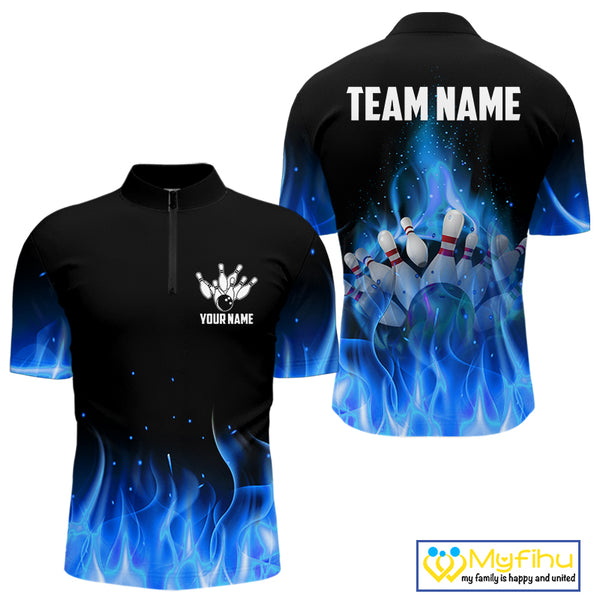 Personalized Mens Bowling Shirt Blue flame Bowling Ball and Pins Team bowling jerseys for men Bowler NQS10471