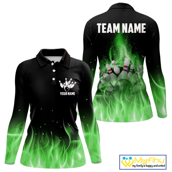 Personalized Women Bowling Shirt Green flame Bowling Ball Pins Team bowling jerseys for ladies Bowler NQS10472