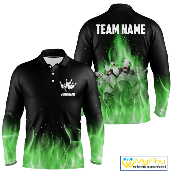 Personalized Mens Bowling Shirt Green flame Bowling Ball and Pins Team bowling jerseys for men Bowler NQS10472