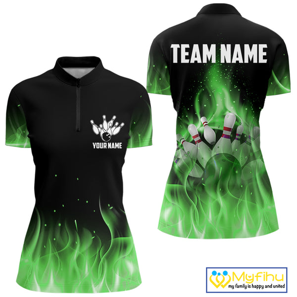 Personalized Women Bowling Shirt Green flame Bowling Ball Pins Team bowling jerseys for ladies Bowler NQS10472