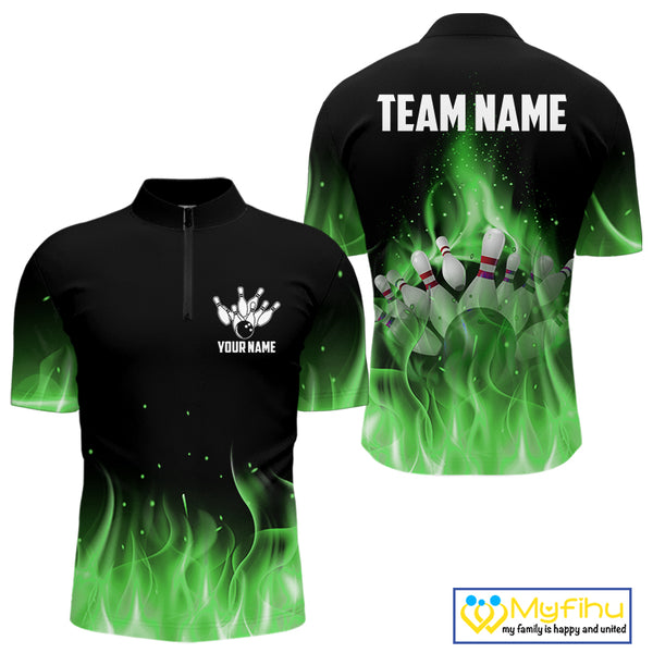 Personalized Mens Bowling Shirt Green flame Bowling Ball and Pins Team bowling jerseys for men Bowler NQS10472
