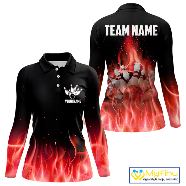 Personalized Women Bowling Shirt Red flame Bowling Ball Pins Team bowling jerseys for ladies Bowler NQS10473