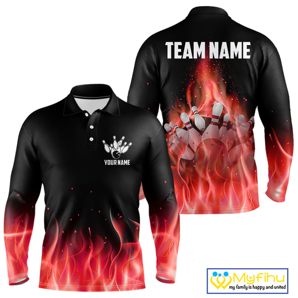 Personalized Mens Bowling Shirt Red flame Bowling Ball and Pins Team bowling jerseys for men Bowler NQS10473