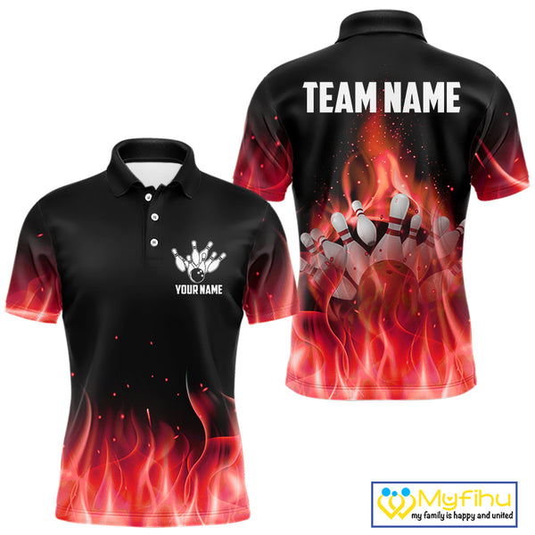 Personalized Mens Bowling Shirt Red flame Bowling Ball and Pins Team bowling jerseys for men Bowler NQS10473