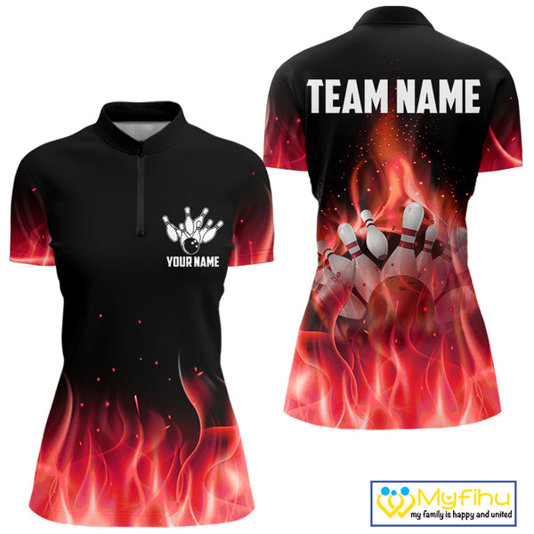 Personalized Women Bowling Shirt Red flame Bowling Ball Pins Team bowling jerseys for ladies Bowler NQS10473