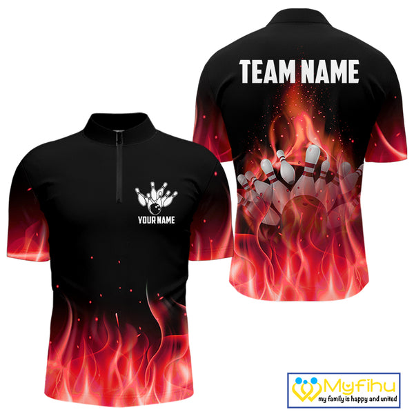 Personalized Mens Bowling Shirt Red flame Bowling Ball and Pins Team bowling jerseys for men Bowler NQS10473