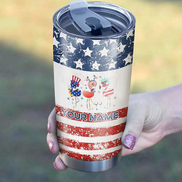 American flag flamingo tumbler Custom name Stainless Steel Tumbler Cup - personalized golf gifts NQS6398