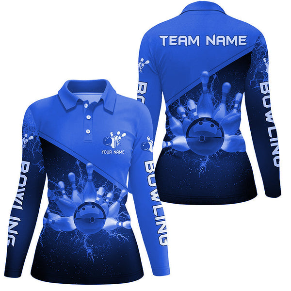 Women bowling polo shirts Custom blue lightning thunder Bowling Team Jersey, gift for team Bowlers NQS6620