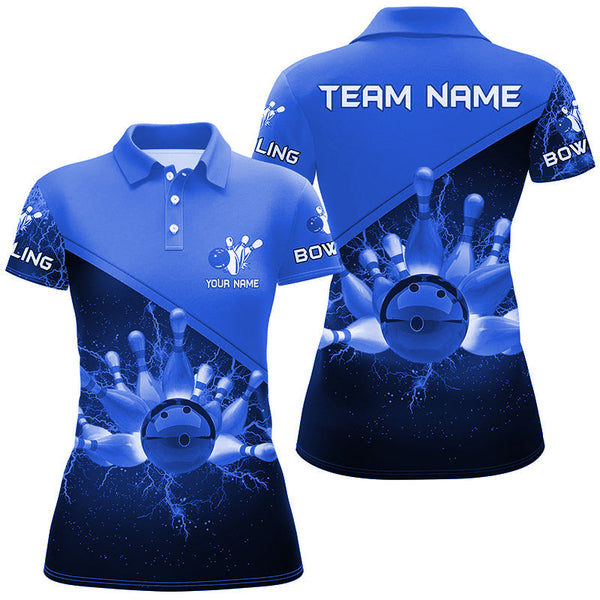 Women bowling polo shirts Custom blue lightning thunder Bowling Team Jersey, gift for team Bowlers NQS6620