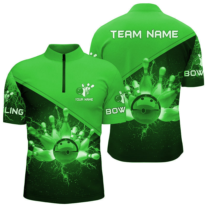 Men's Quarter Zip shirts Custom green lightning thunder Bowling Team Jersey, gift for team Bowlers NQS6621