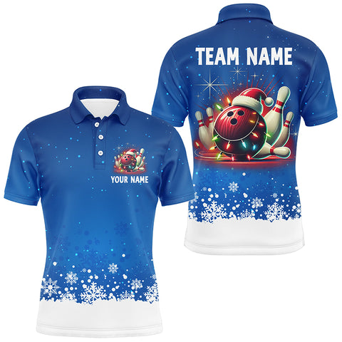 Christmas bowling Polo, Quarter Zip shirts For Men Custom Xmas Team Bowling Jerseys | Blue NQS8964