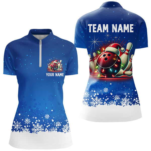 Christmas bowling Polo, Quarter Zip shirts For Women Custom Xmas Team Bowling Jerseys | Blue NQS8964