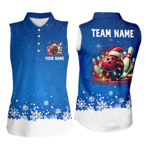 Christmas bowling Sleeveless Polo shirts For Women Custom Xmas Team Bowling Jerseys | Blue NQS8964