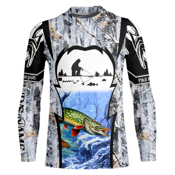 Northern Pike ice fishing Winter camo custom unisex Long sleeve fishing shirt, Ice fishing Pike jersey NQS9192