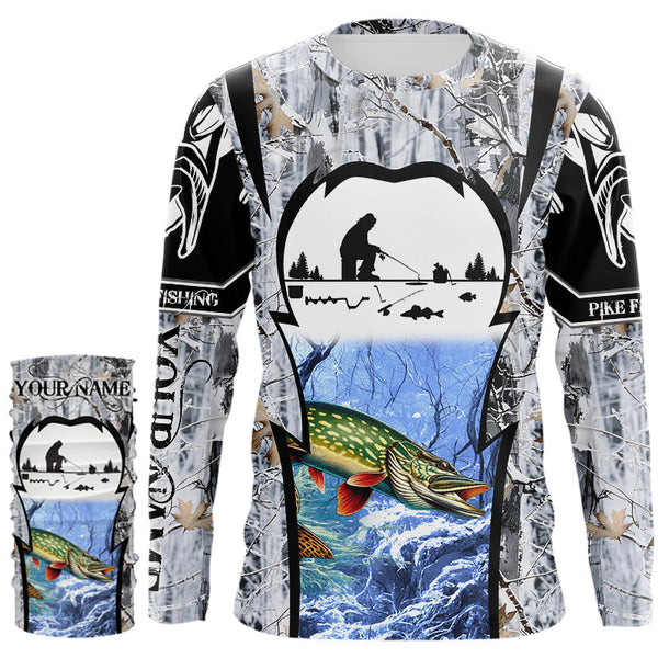 Northern Pike ice fishing Winter camo custom unisex Long sleeve fishing shirt, Ice fishing Pike jersey NQS9192