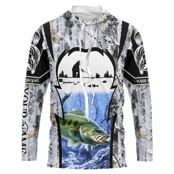 Largemouth Bass ice fishing Winter camo custom Long sleeve fishing shirts, Ice fishing Bass jersey NQS9194