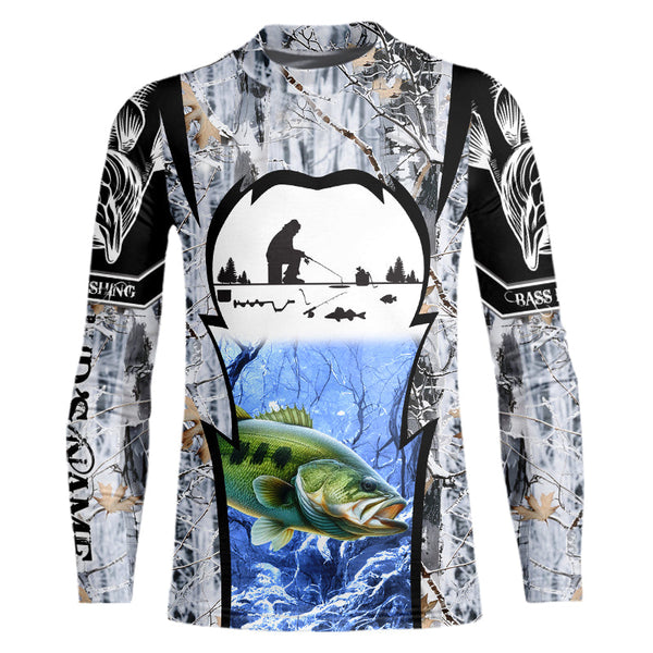 Largemouth Bass ice fishing Winter camo custom Long sleeve fishing shirts, Ice fishing Bass jersey NQS9194
