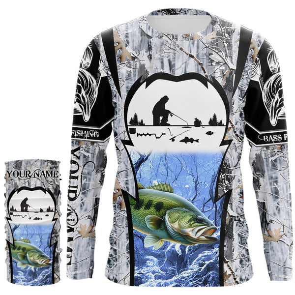 Largemouth Bass ice fishing Winter camo custom Long sleeve fishing shirts, Ice fishing Bass jersey NQS9194