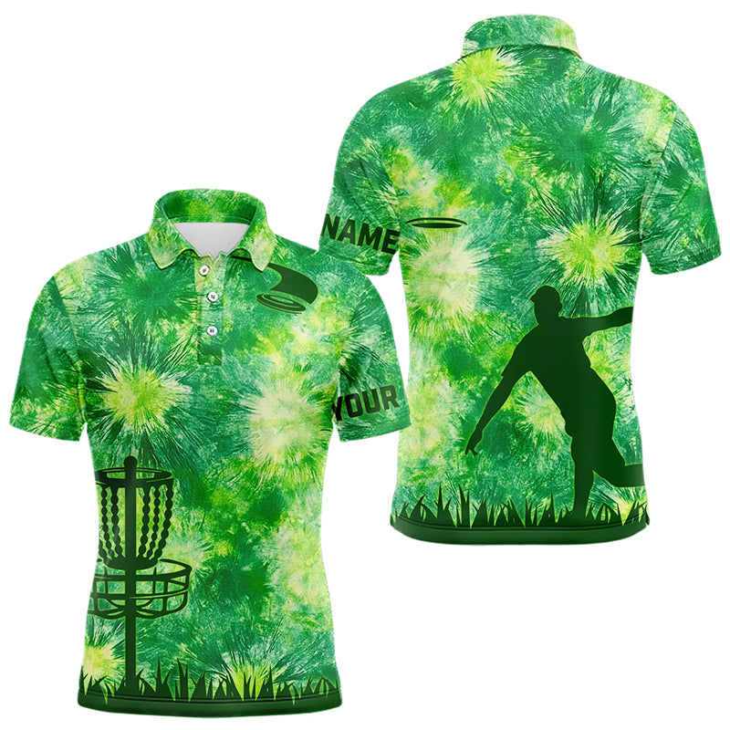 Mens disc golf polo shirts with green tie dye background disc golf basket custom disc golf jerseys NQS9196