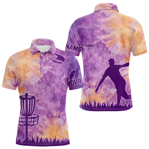 Mens disc golf polo shirts with purple tie dye background disc golf basket custom disc golf jerseys NQS9197