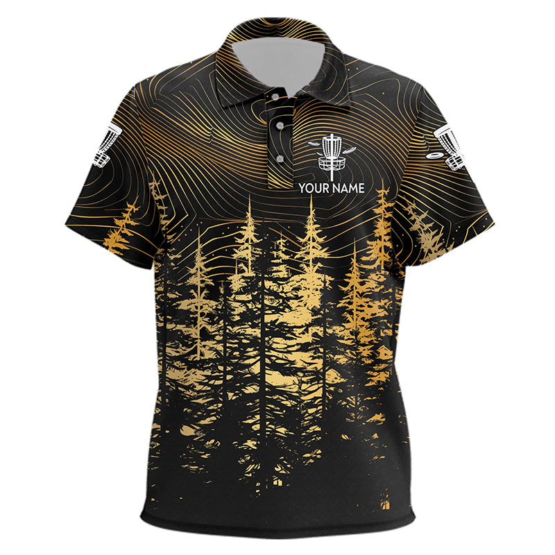 Black and Gold Forest Kid Disc golf polo shirt custom disc golf apparel, best gifts for disc golfers NQS9199