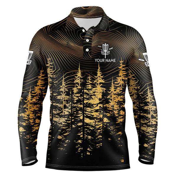 Black and Gold Forest Mens disc golf polo shirts custom disc golf apparel, best gifts for disc golfers NQS9199