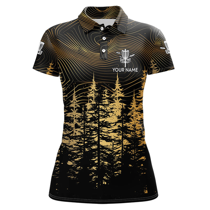 Black and Gold Forest Women Disc golf polo shirt custom disc golf apparel, best gifts for disc golfers NQS9199