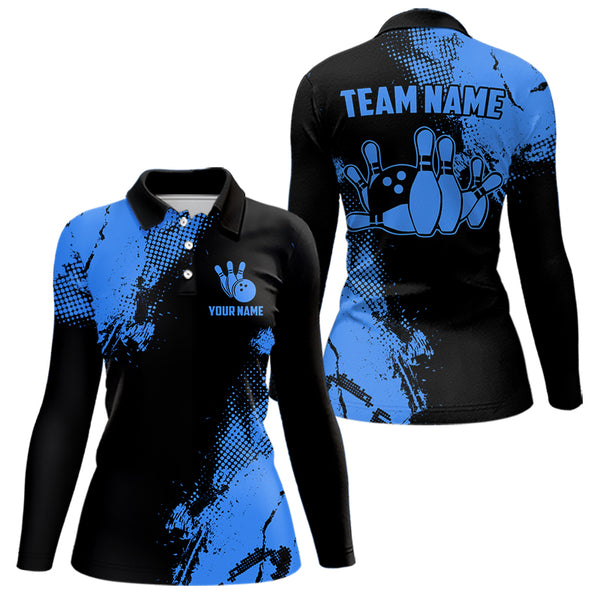 Black and Blue Retro Women Bowling Polo, Quarter Zip shirts Custom team bowling jerseys ladies outfit NQS9393