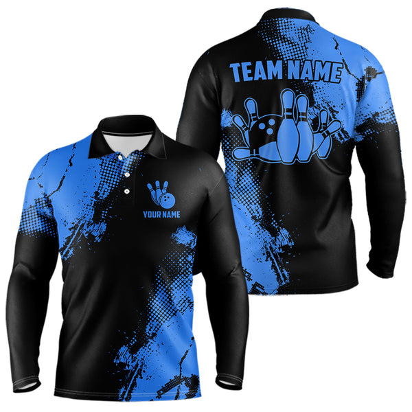 Black and Blue Retro Mens Bowling Polo, Quarter Zip shirts Custom team bowling jerseys mens outfit NQS9393