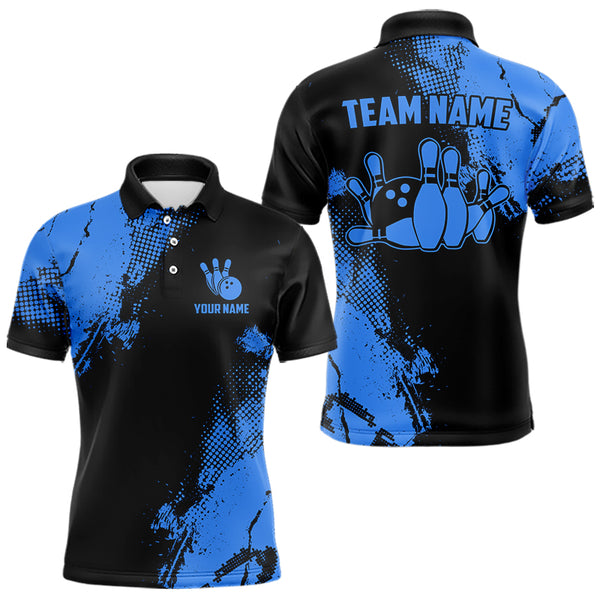 Black and Blue Retro Mens Bowling Polo, Quarter Zip shirts Custom team bowling jerseys mens outfit NQS9393