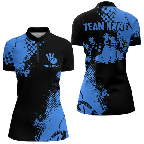 Black and Blue Retro Women Bowling Polo, Quarter Zip shirts Custom team bowling jerseys ladies outfit NQS9393