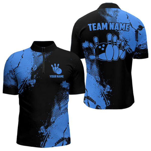 Black and Blue Retro Mens Bowling Polo, Quarter Zip shirts Custom team bowling jerseys mens outfit NQS9393