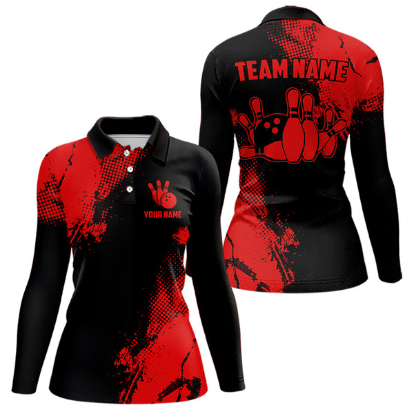 Black and Red Retro Women Bowling Polo, Quarter Zip shirts Custom team bowling jerseys ladies outfit NQS9394