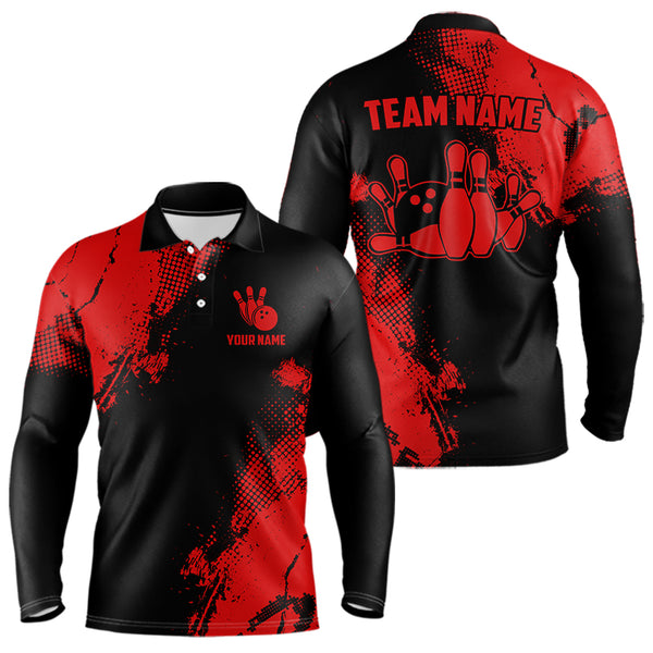 Black and Red Retro Mens Bowling Polo, Quarter Zip shirts Custom team bowling jerseys mens outfit NQS9394