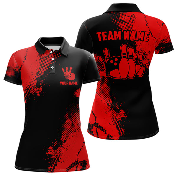 Black and Red Retro Women Bowling Polo, Quarter Zip shirts Custom team bowling jerseys ladies outfit NQS9394